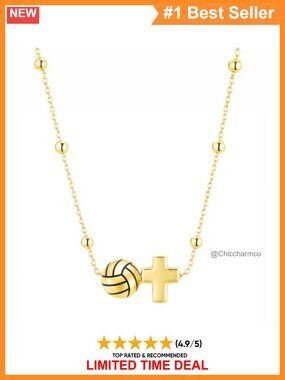 18K Gold Plated Volleyball Cross Necklace 18+2 Inch Lobster Clasp